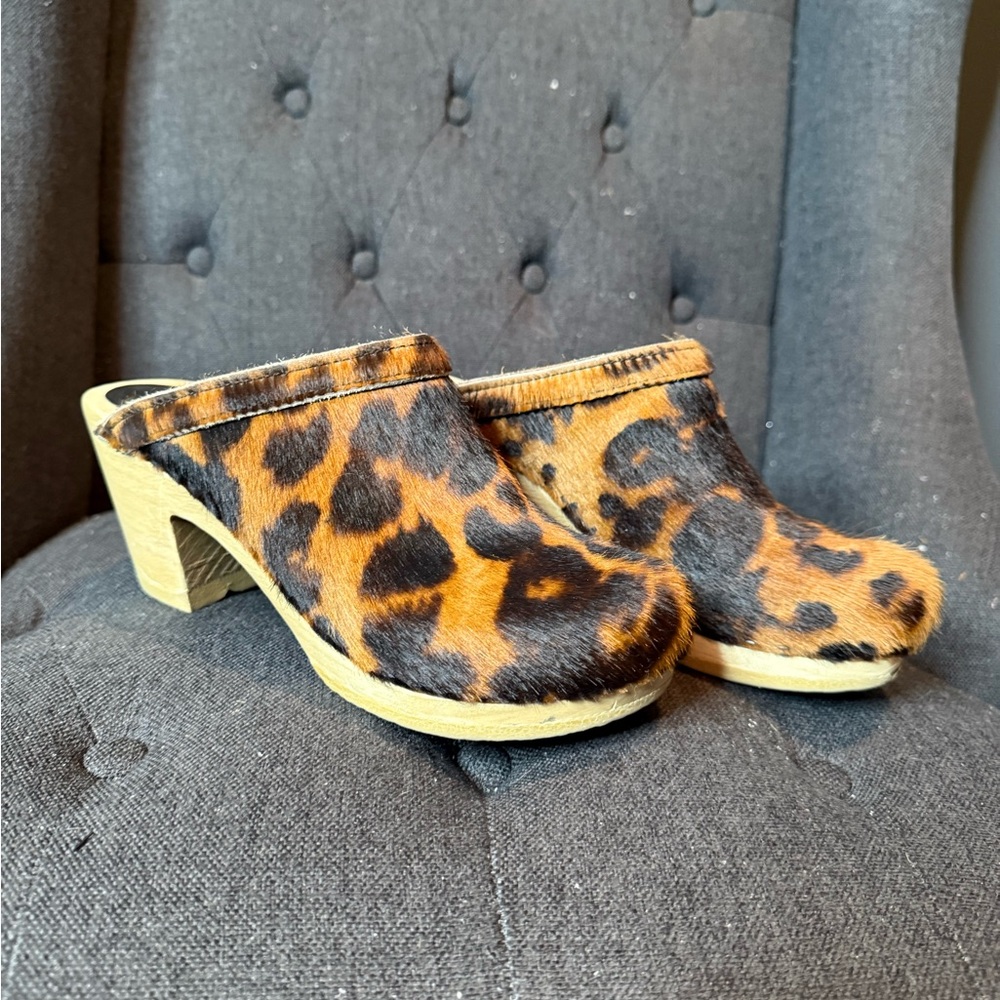 No. 6 Leopard Print Haircalf Clogs in Brown and Black